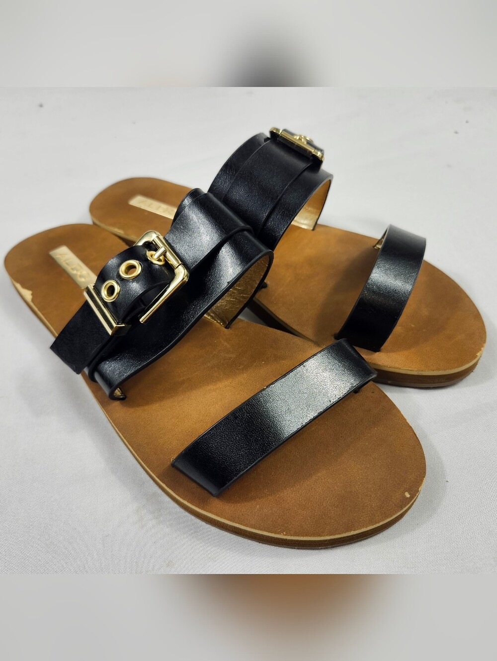 Aldo Womens 8 M Black Leather Slide Sandals with Gold Buckle